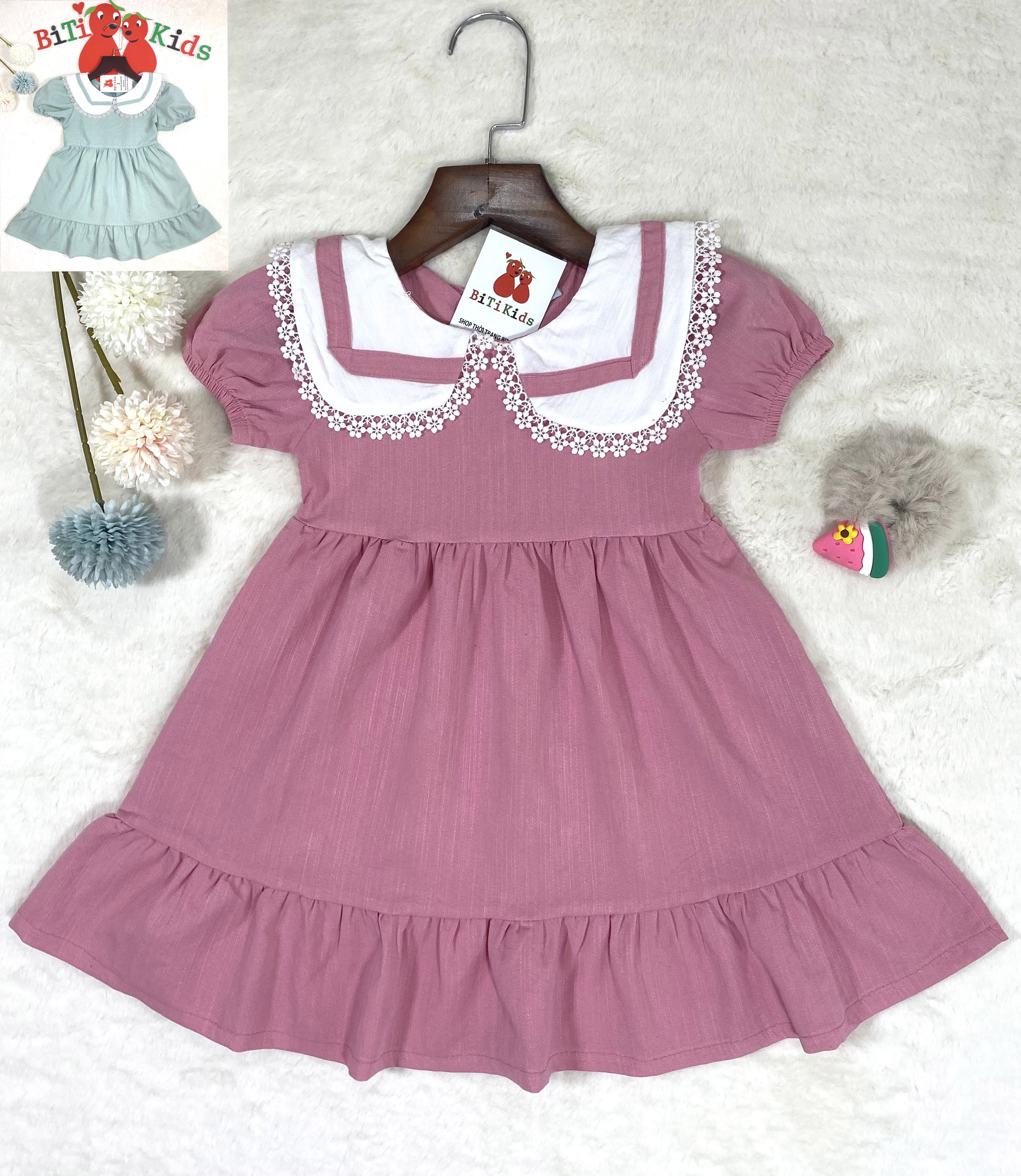 Đầm bé gái,váy trẻ em cao cấp cổ sen phối ren siêu yêu ,BITIKIDS size 0-8 tuổi.
