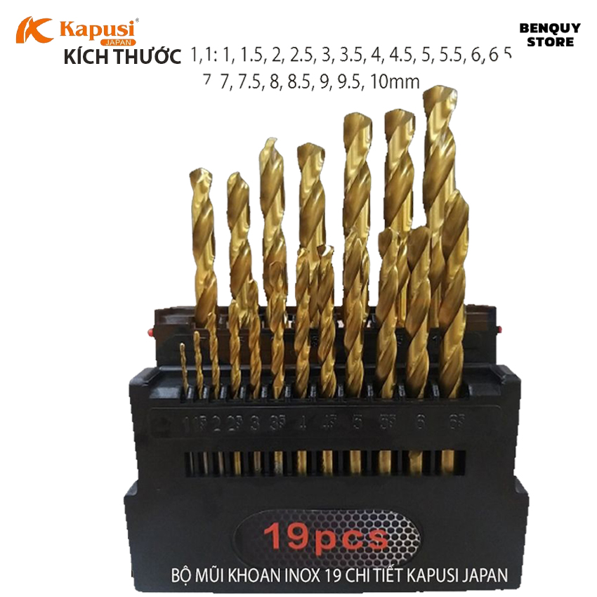 Bộ 19 mũi khoan inox kapusi japan kích thước từ 1-10mm, chuyên khoan kim loại - sắt - thép, hàng cao cấp tiêu chuẩn nhật