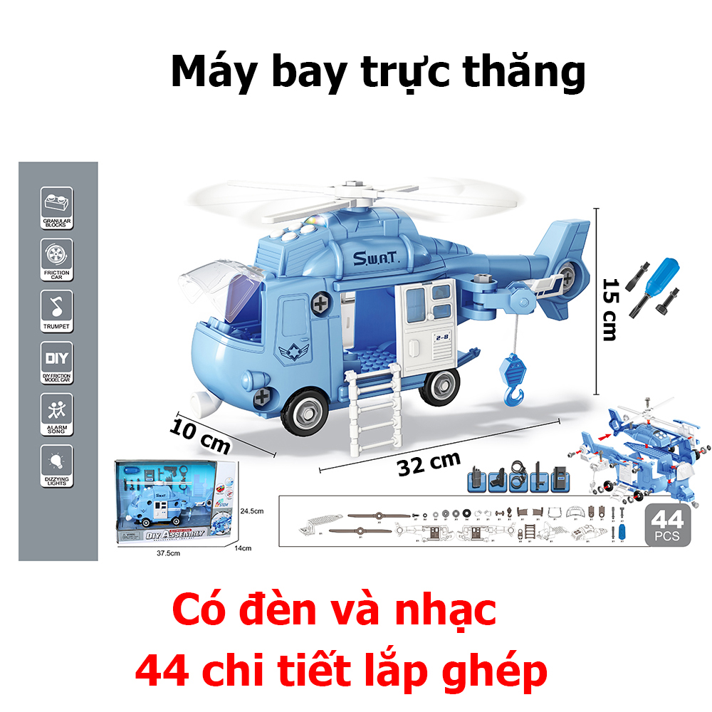 Đồ chơi lắp ghép máy bay trực thăng có nhạc và đèn cỡ lớn tháo rời được các chi tiết - màu xanh