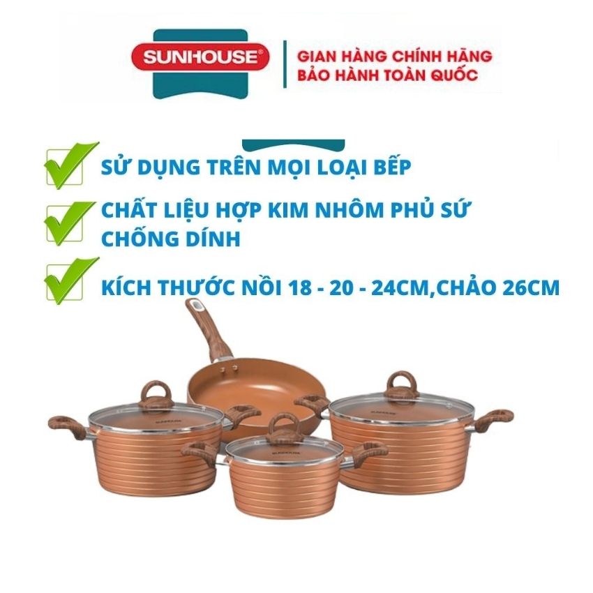 Bộ 4 nồi ceramic kèm chảo chống dính sunhouse 20 16 26 24cm nồi bếp từ mới 100% bảo hành chính hãng toàn quốc