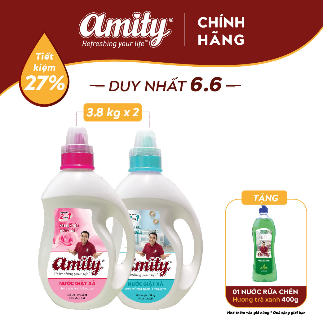 Combo 2 can nước giặt xả amity 2 trong 1 - 3.8kg/can - nhiều mùi hương - tặng 1 nước rửa chén 400gr