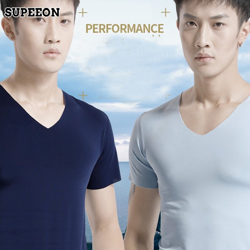 SUPEEON丨Người Đàn Ông Của Băng Lụa Liền Mạch Ngắn Tay Áo T-Shirt Cho Nam Giới V-Cổ Mùa Hè Mỏng Đàn Hồi Phù Hợp Với Top Lưới Nhanh Chóng Làm Khô