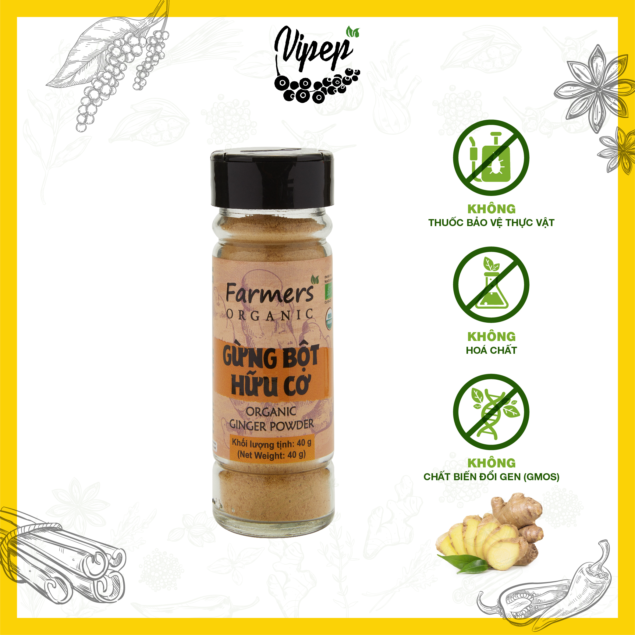 Bột gừng hữu cơ Farmers 40g thượng hạng - gia vị tẩm ướp hỗ trợ tiêu hoá, gừng xay siêu nhuyễn không tạp chất
