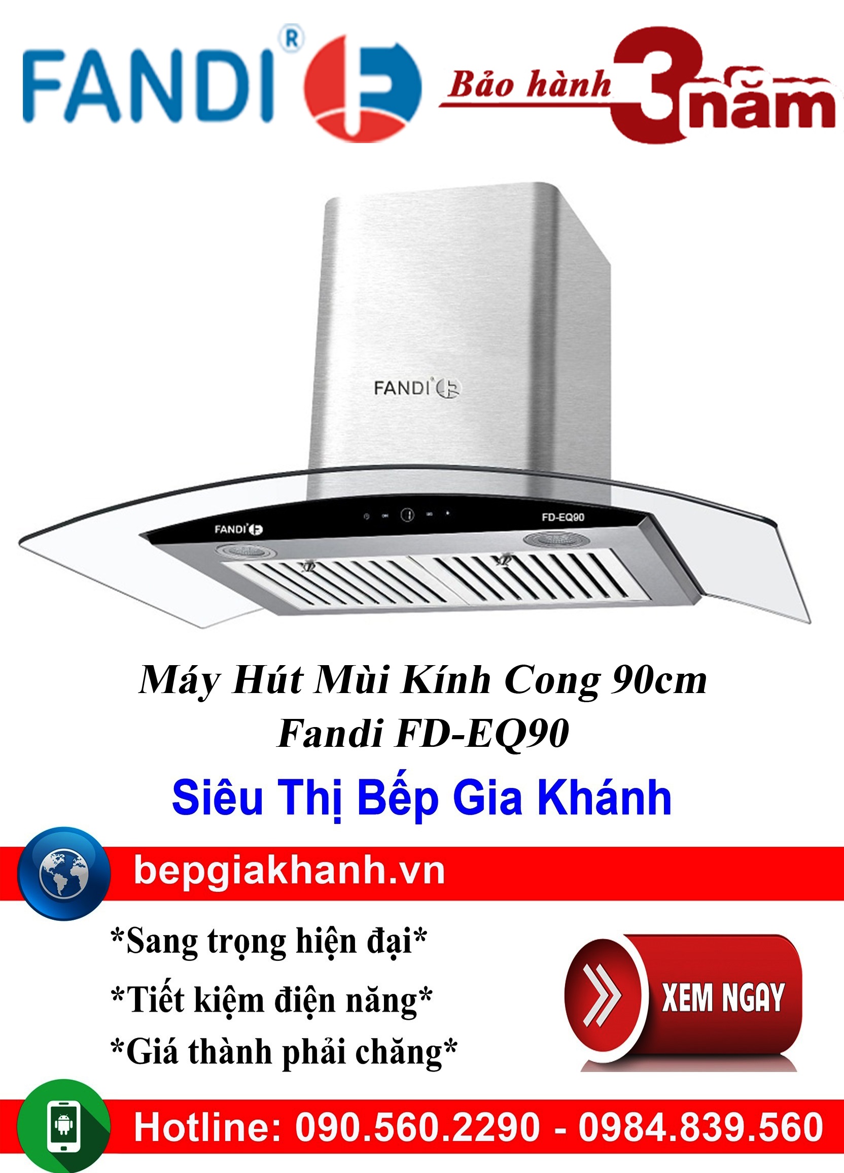 [HCM]Máy hút mùi kính cong 90cm Fandi FD-EQ90, máy hút mùi nhà bếp, máy hút mùi bếp, máy hút mùi kín