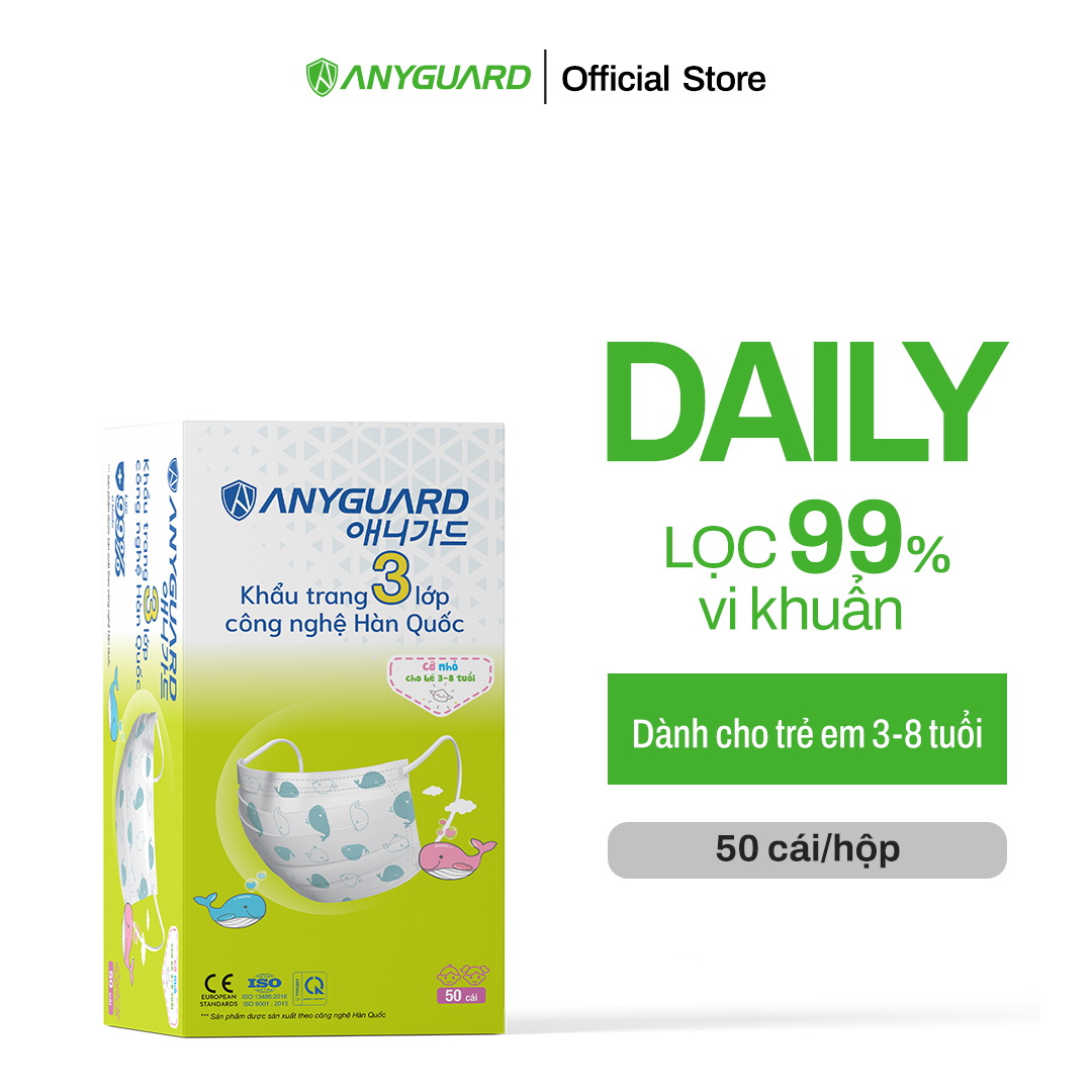 Khẩu Trang Y Tế Cho Bé Từ 3-8 Tuổi Chính Hãng ANYGUARD Hàn Quốc, 3 Lớp Kháng Khuẩn 99%, Quai Đeo Mềm Siêu Đàn Hồi, Họa Tiết Cá - 50 Chiếc
