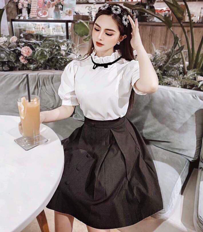 [Hàng Hot] Sét Đồ Bộ Nữ Áo Cổ Xếp Ly Cột Nơ & Chân Váy Đính Nút Thời Trang Kiểu Cách Đi Chơi, Đi Dự Tiệc D.ONE FASHION, Mẫu Free Size (40-55Kg) Mặc Vừa