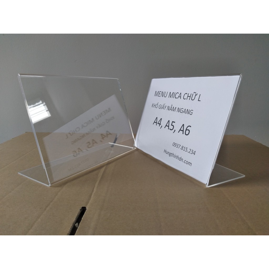 Kệ menu mica chữ L, Bảng thông tin sản phẩm khổ giấy ngang Khổ giấy A4, A5, A6