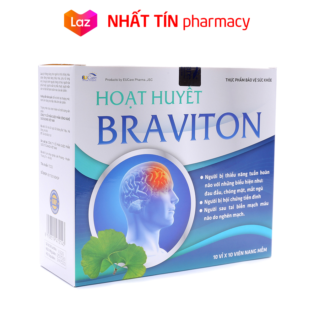 Hoạt huyết dưỡng não BRAVITON Ginkgo 180mg Giảm đau đầu, hoa mắt, chóng mặt - Hộp 100 viên - NHẤT TÍN PHARMACY