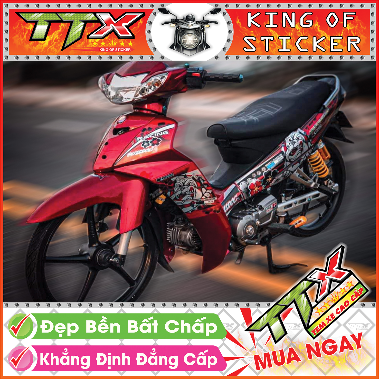 Tem sirius bulldog , Tem xe phụ kiện sirius nền đỏ màu đen phong thái đẳng cấp , Shop TTX Team chế sirius