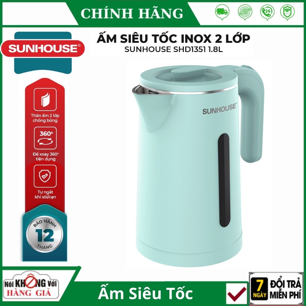 Ấm siêu tốc, bình đun siêu tốc Sunhouse inox 2 lớp, dung tích 1,8 lit, SHD1351 - Xiaomi Nam Định