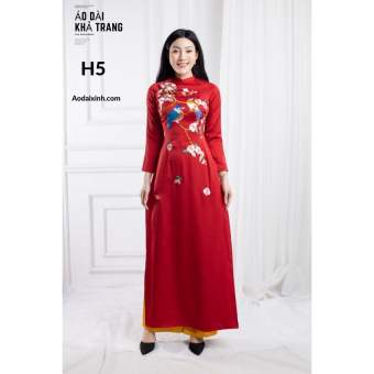 Bộ áo dài truyền thống lụa tằm ướt thêu, cổ 2cm tay dài