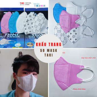 Khẩu trang y tế 5D mask Taki (10 cái/hộp) có tem, logo, dày 3 lớp kháng khuẩn, vải không dệt, quai thun, ngăn ngừa bụi mịn lên đến 95%. Sản xuất theo quy trình của nhật bản đảm bảo an toàn
