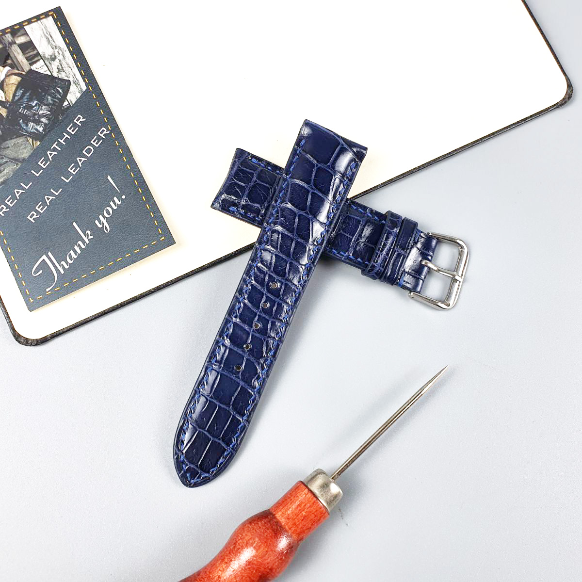 Dây đồng hồ da cá sấu thật may thủ công handmade AL118 xanh navy -100% da cá sấu thật, BH 3 năm