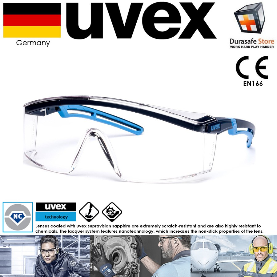 Kính bảo hộ UVEX 9164065 Astrospec 2.0 gọng Xanh/Xanh nhạt Clear Optidur NCH Len (tặng kèm hộp đựng kính)
