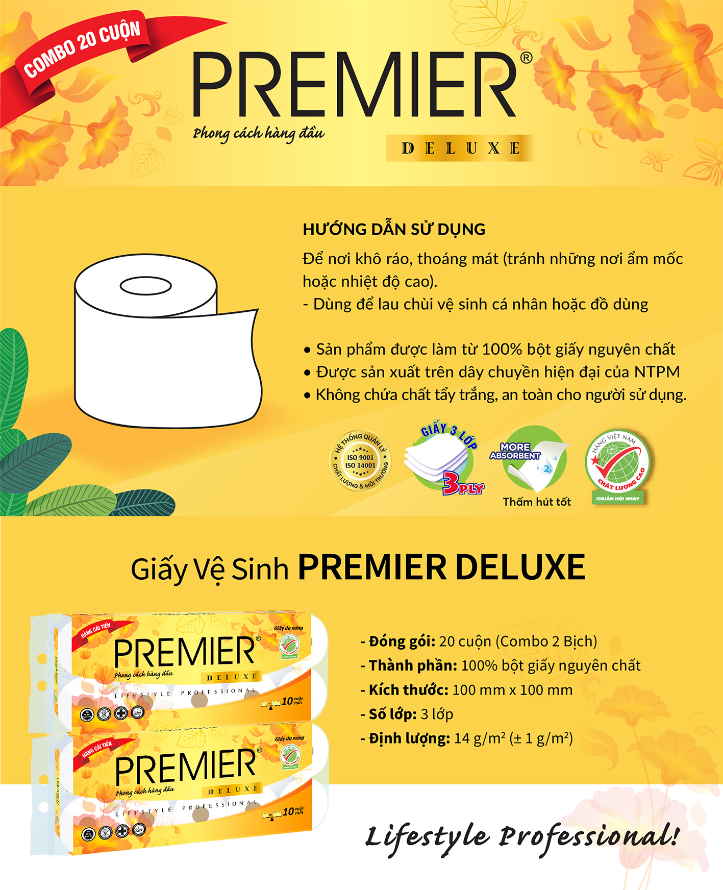 Giấy Vệ Sinh Premier Deluxe - combo 20 cuộn