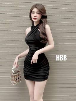 đầm thun nhún sườn cổ yếm chất thun co giản dáng ôm body m00388