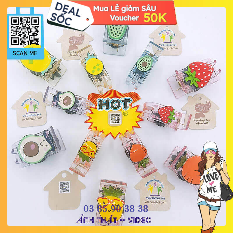 Kẹp tóc nữ hàn quốc cute, phụ kiện bé gái, kẹp càng cua 5 răng 3 răng hoa quả trái cây xinh xắn - thương hiệu Vợ Chồng Tôi