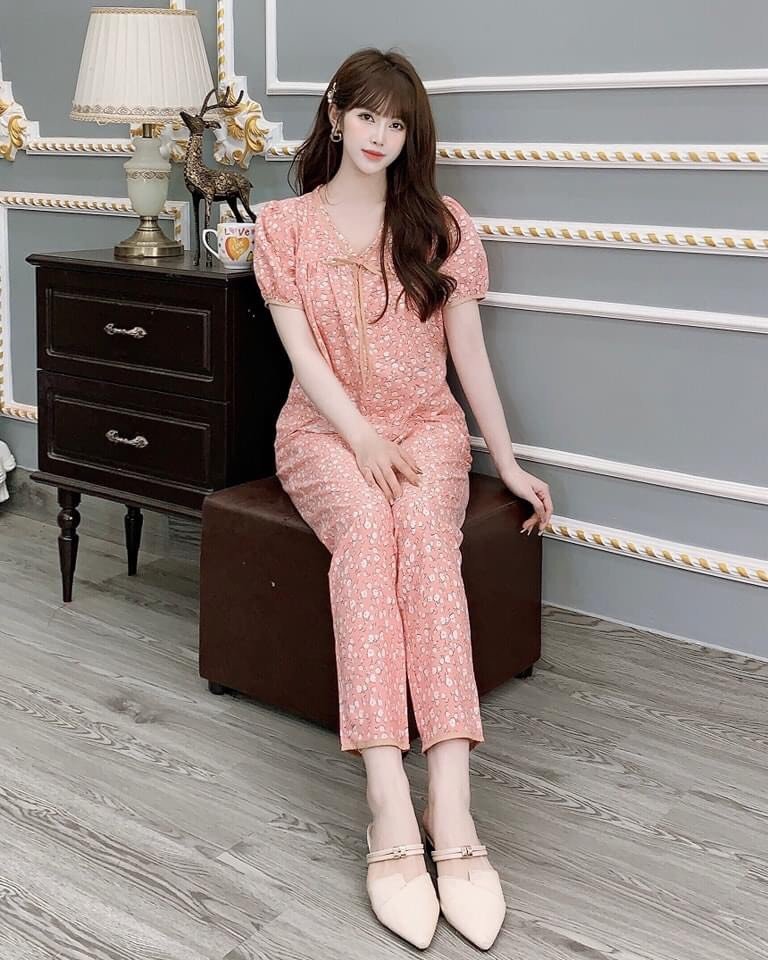 Set bộ lụa hoa nhí 100D cổ tim đính nơ mặc nhà dễ thương