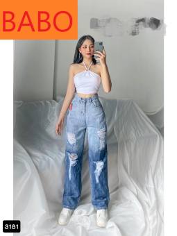 QUẦN JEAN ỐNG RỘNG LƯNG CAO LOANG MÀU RÁCH TE TUA CAO CẤP BABO TD3181