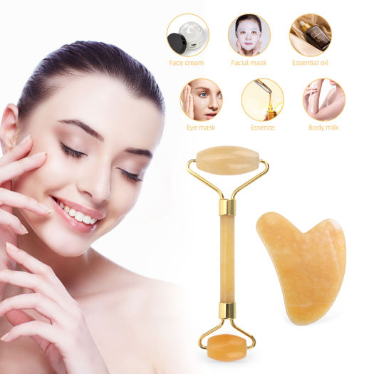 Con Lăn Ngọc Bích Màu Vàng Chính Hãng 100% Con Lăn Mát Xa Mặt Hai Đầu Bảng Guasha, Dụng Cụ Làm Đẹp Đá Ngọc Bích Tự Nhiên Nâng Mặt Lưng Cằm Cổ Mỏng Có Hộp