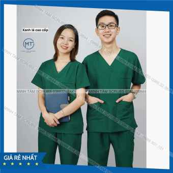 Bộ Scrubs bác sĩ, blouse cổ tim, đồng phục điều dưỡng, spa, thẩm mỹ viện, dược sĩ màu xanh lá