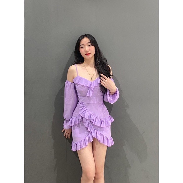 Đầm mini 2 dây bèo tầng hai màu cam tím