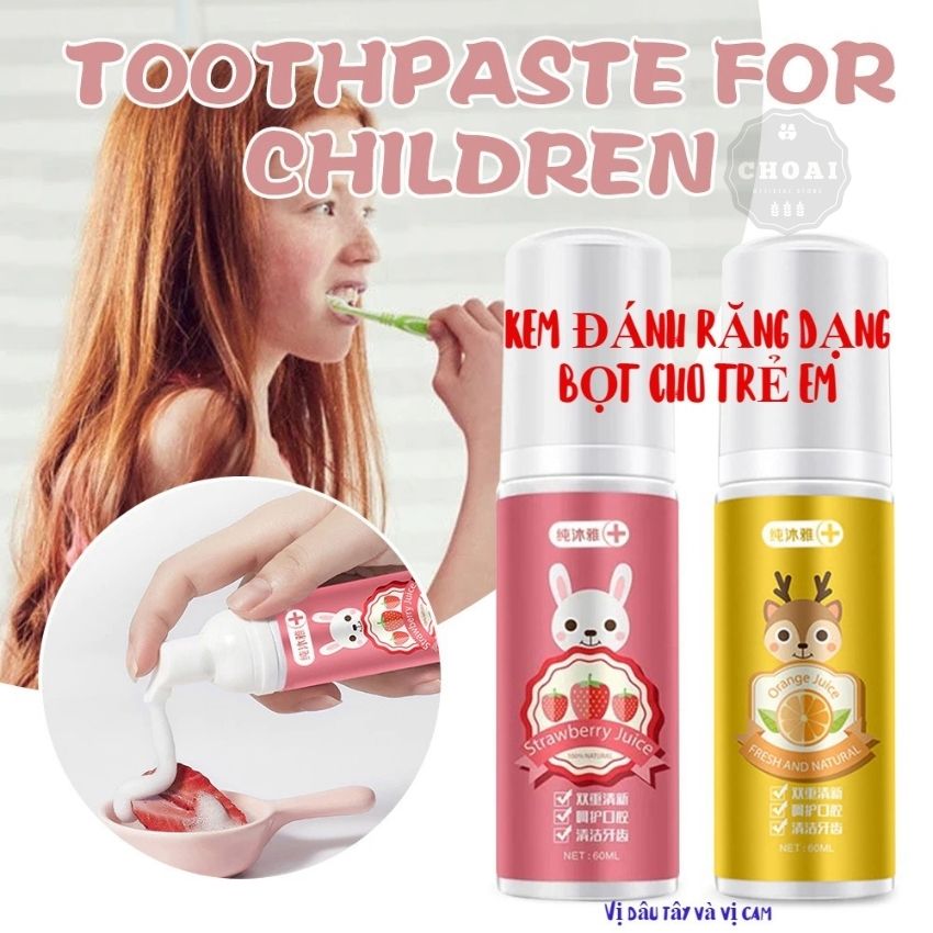 [THÍCH ĐÁNH RĂNG] Kem Đánh Răng Cho Bé Dạng Bọt BAIMEISI 60ML Nuốt Được Chống Sâu Răng Hương Dâu và Hương Cam