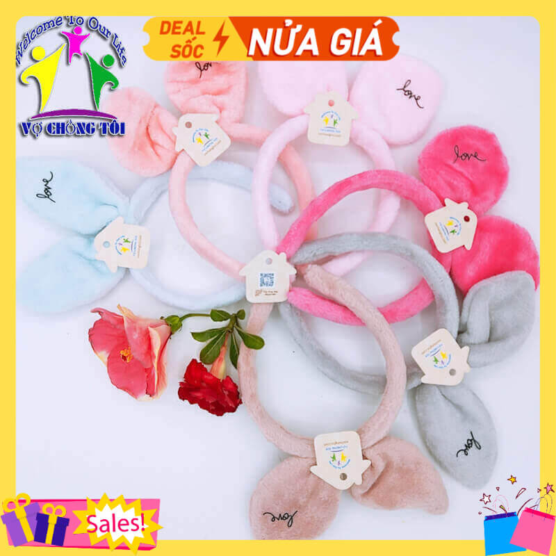Băng đô nữ, bờm tóc cho bé gái, phụ kiện nữ, đồ cài tóc lông mềm mịn cao cấp, turban vải nhung nơ tai thỏ chữ love - thương hiệu VỢ CHỒNG TÔI