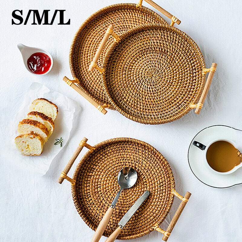 Khay mây hình tròn có tay cầm, decor, chụp hình, phụ kiện đựng trái cây, khay decor