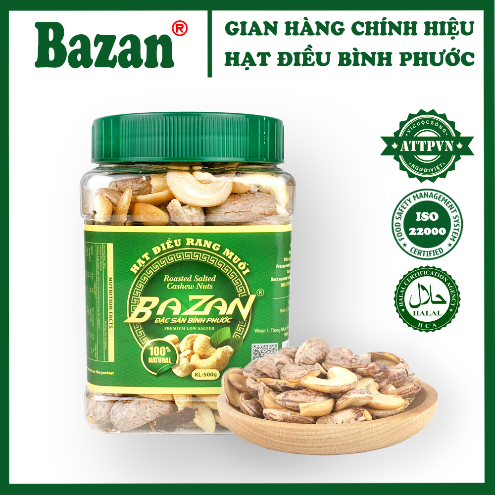 Hạt điều rang muối Bazan Bình Phước bể đôi hạt dinh dưỡng A+ loại 1 hộp 500g nắp xanh bể còn vỏ lụa
