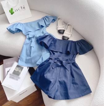 🍒🍒🍒sét jum đùi trễ vai phối nơ giả jean sang chảnh pc