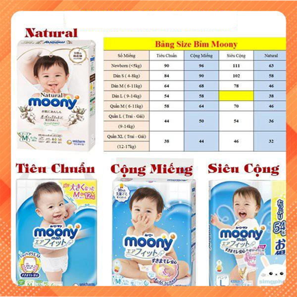 Bỉm Moony/Natural Moony siêu cộng miếng tiêu chuẩn bỉm quần DR cấu tạo 3D size Nb90/S84/M64/M58/L54/L44/XL38/XXL26