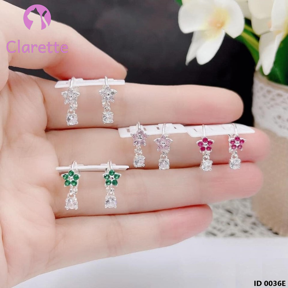 Bông tai bạc cho bé hình hoa năm cánh đính đá rủ Clarette 0036E
