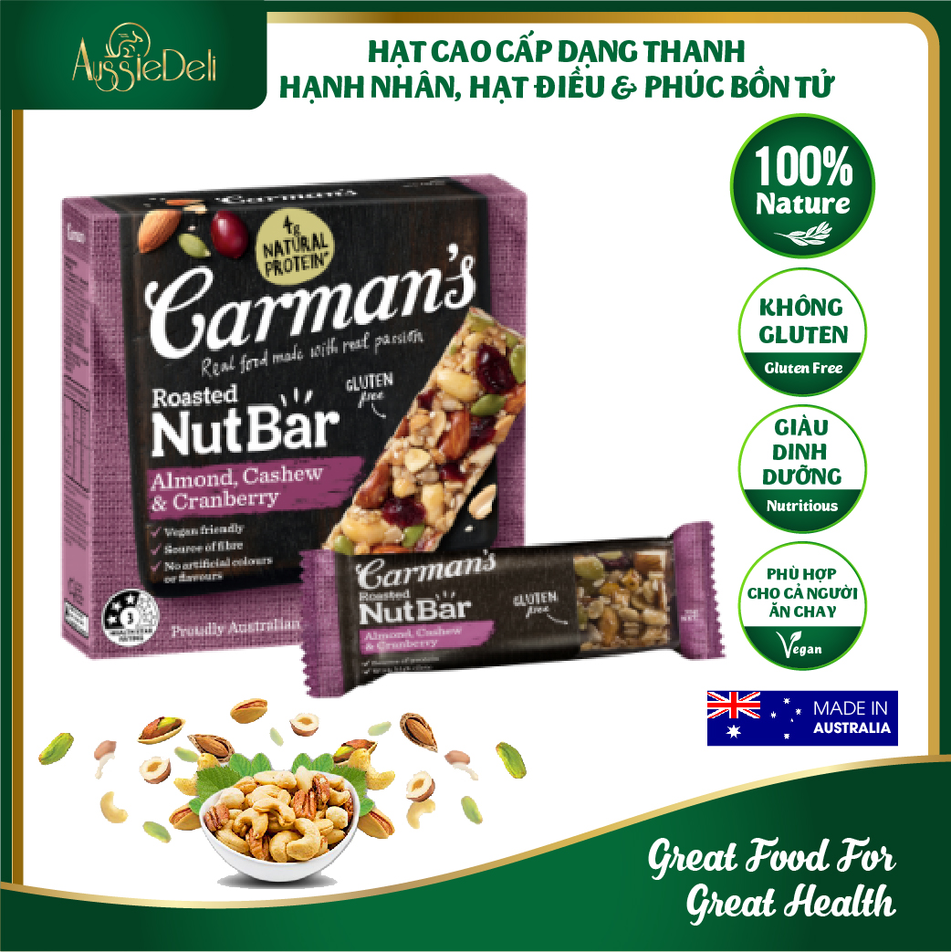 Thanh Hạt Ăn Kiêng Hạnh Nhân, Hạt Điều, Nam Việt Quất Carman's - Nut Bar Almond Cashew & Cranberry hộp 175g