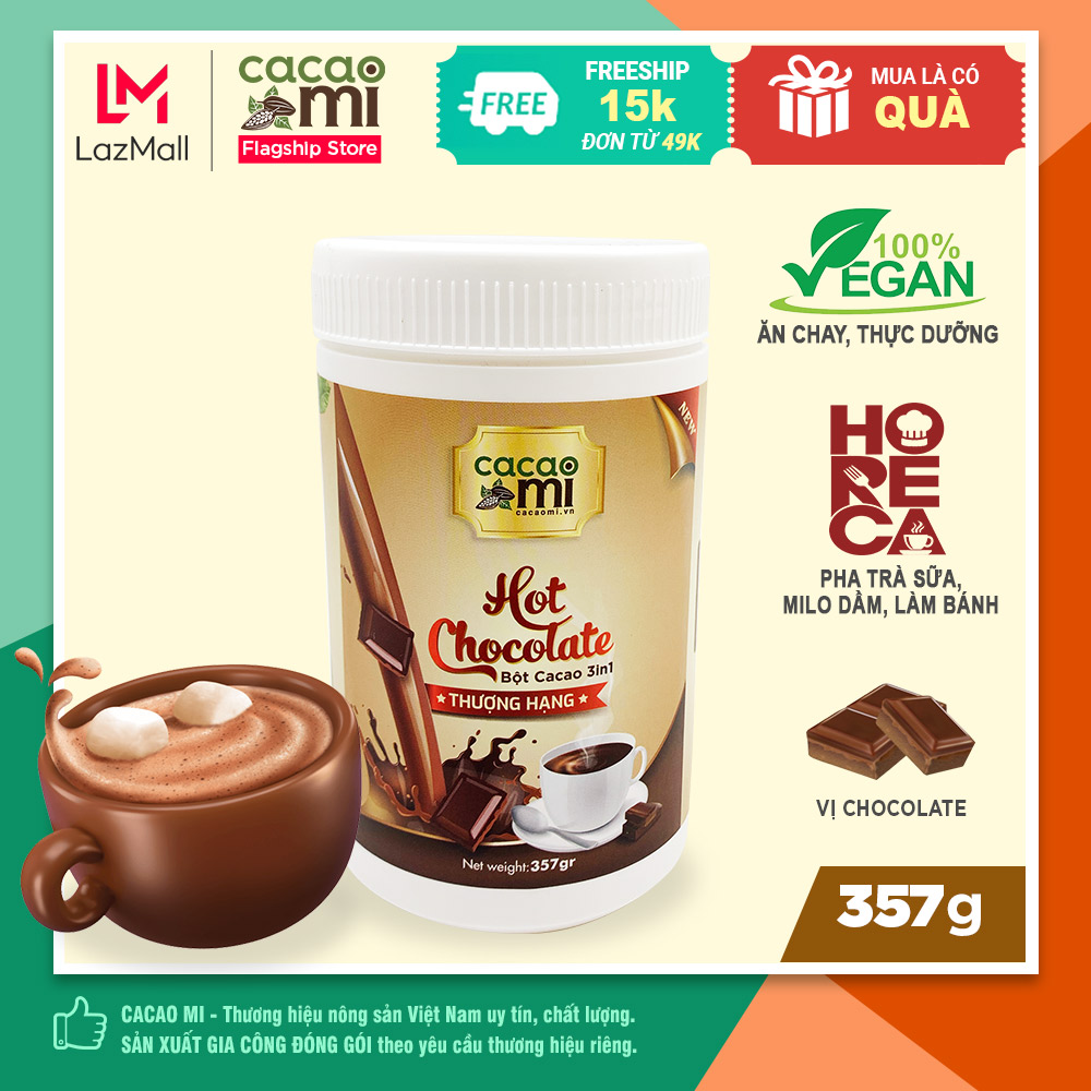  Bột socola hot chocolate CacaoMi dòng Horeca thơm đậm vị cacao nguyên chất chuyên pha chế thức uống sô cô la nóng trà sữa milo dầm hộp thượng hạng 357g 