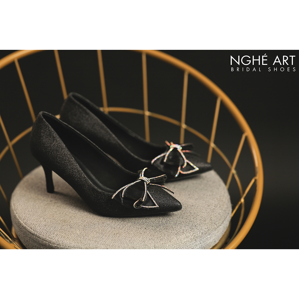 Giày cưới Nghé Art nơ kim tuyến màu đen 358