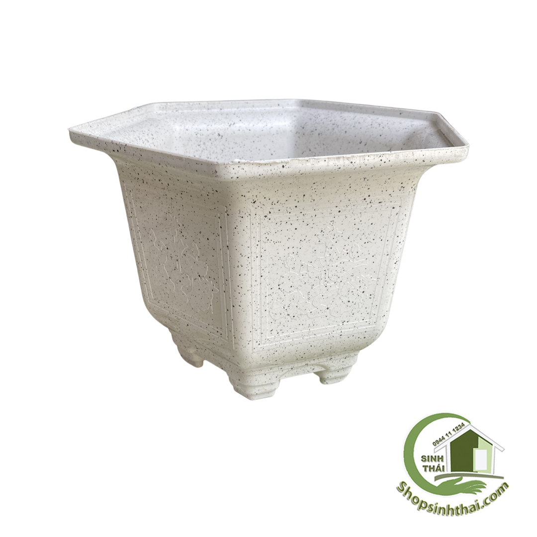 Chậu nhựa giả đá hình lục giá màu trắng - Chậu nhựa trồng cây 27cm x 20cm