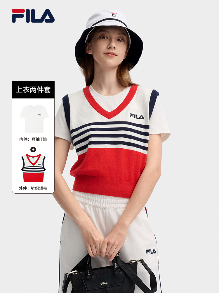 [NEW COLOR!] FILA CORE LIFESTYLE ORIGINALE FRENCH TENNIS CLUB Women Short Sleeve T-shirt + Sleeveless Knit Vest Set (Red / Blue)