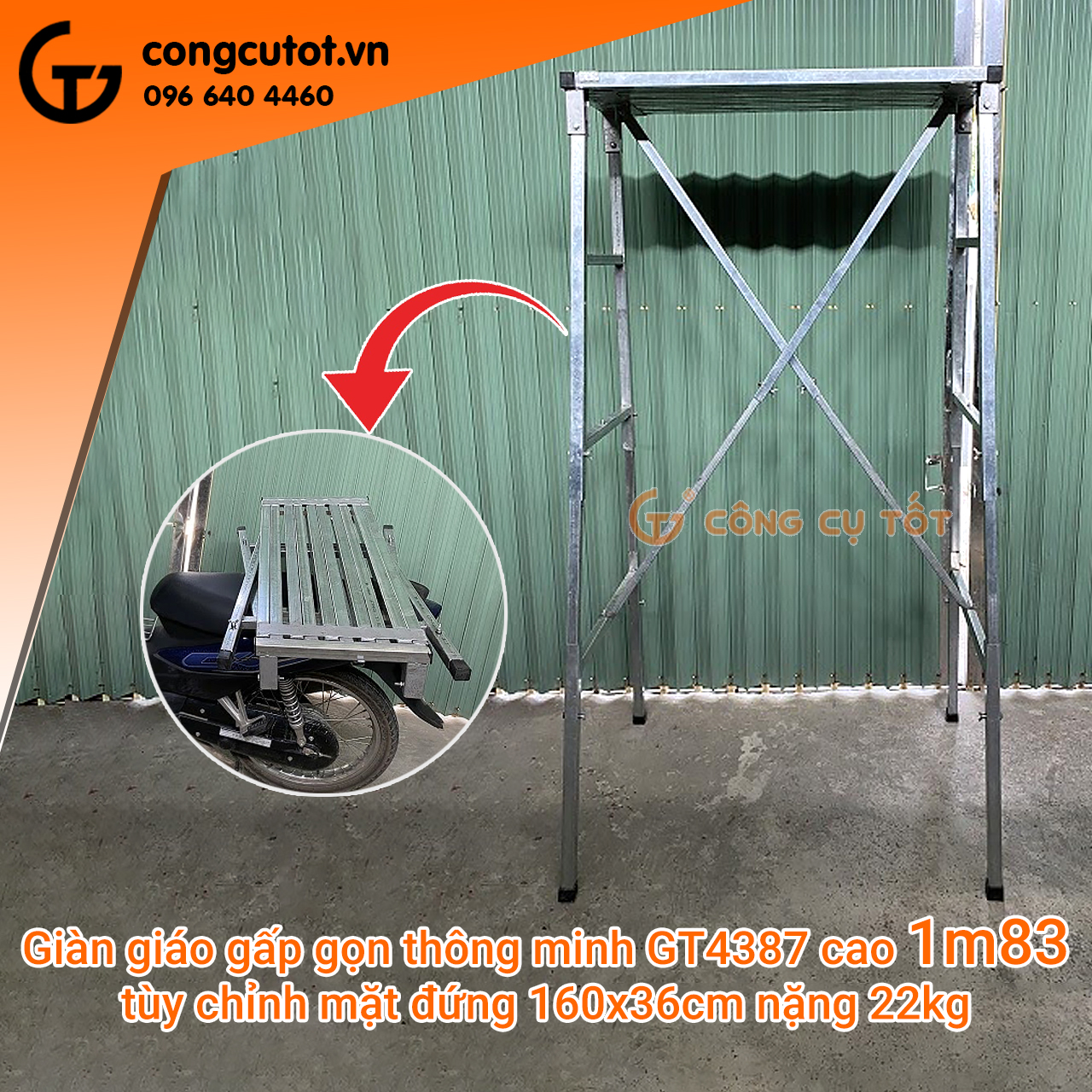 Giàn giáo di động đa năng - giàn giáo gấp gọn thông minh GT4387 cao 1m83 tùy chỉnh mặt đứng 160x36cm nặng 22kg chắc chắn