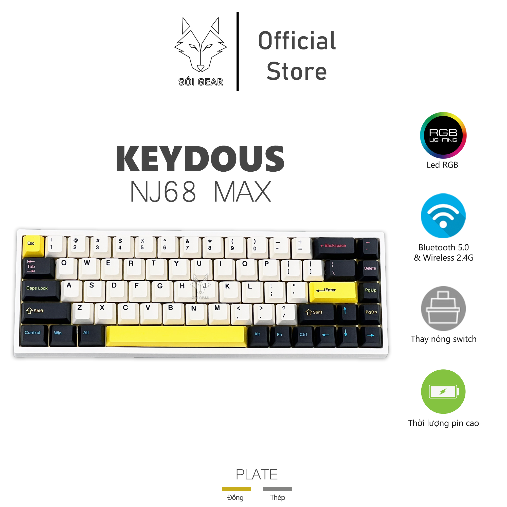 Bàn phím cơ không dây nj68 max rgb hotswap, type c, bluetooth 5.0, wireless 2.4g