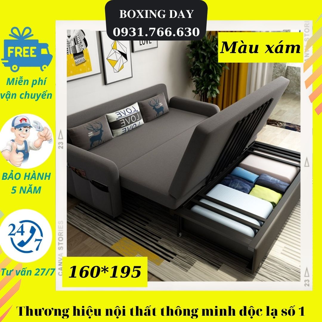Ghế Sofa giường tiện lợi, thiết kế hiện đại thông minh có ngăn chứa đồ 1m6x1m9 ( Màu xám đen )