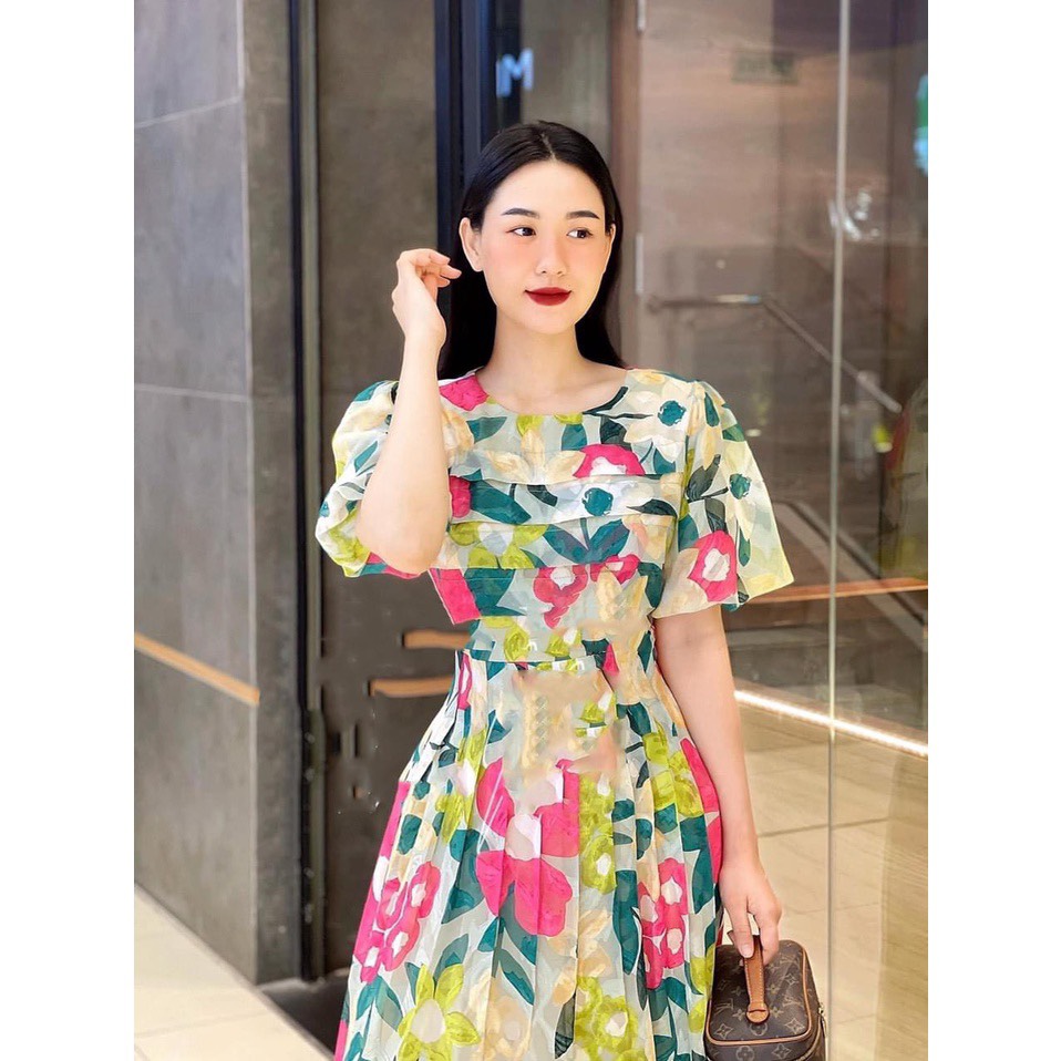 Đầm nữ đi chơi, đầm nữ dễ thương midi topshop dáng xòe rũ - họa tiết hoa xếp ly ngang ngực - cao cấp