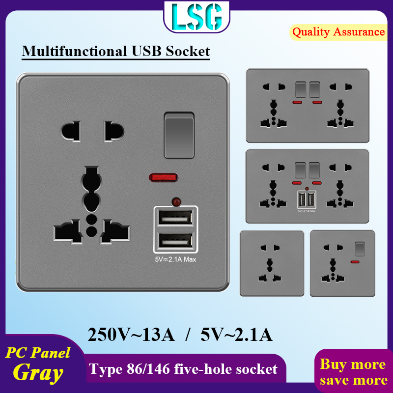  LSG Ổ cắm tường đa năng có công tắc đèn báo Bảng điều khiển bằng nhựa chống cháy PC Màu xám 13A 250V Ổ cắm điện tiêu chuẩn đa năng 86 146 Loại đơn & đôi 5 lỗ Ổ cắm bộ chuyển đổi USB 2.1A USB kép 