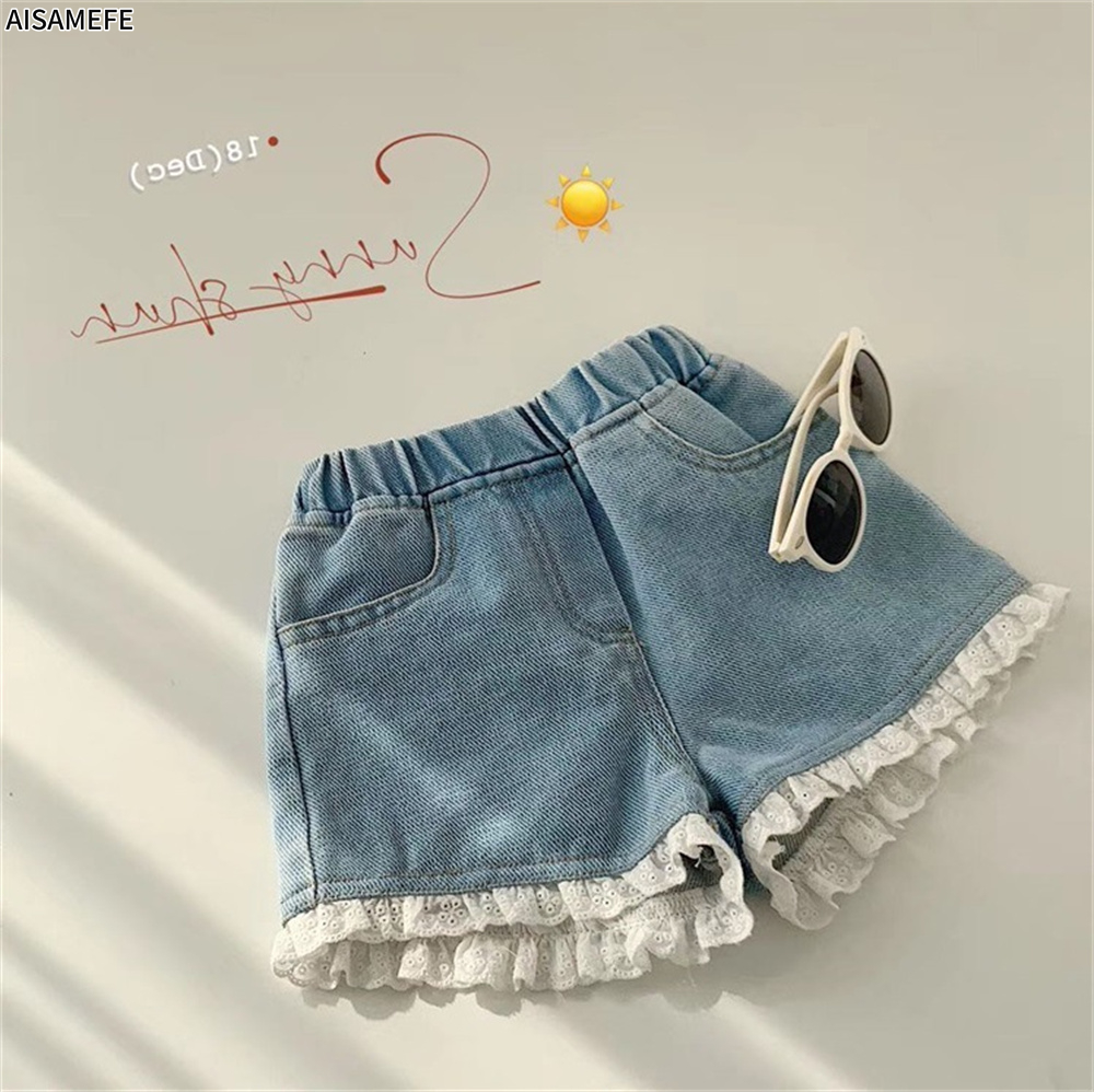 AISAMEFE Girls Denim Shorts Lace 2022 Summer New Korean Version Cute Sweet Comfortable Soft Shorts Hot Sell Bottoms ราคา 221 บาท*ส่งฟรี
