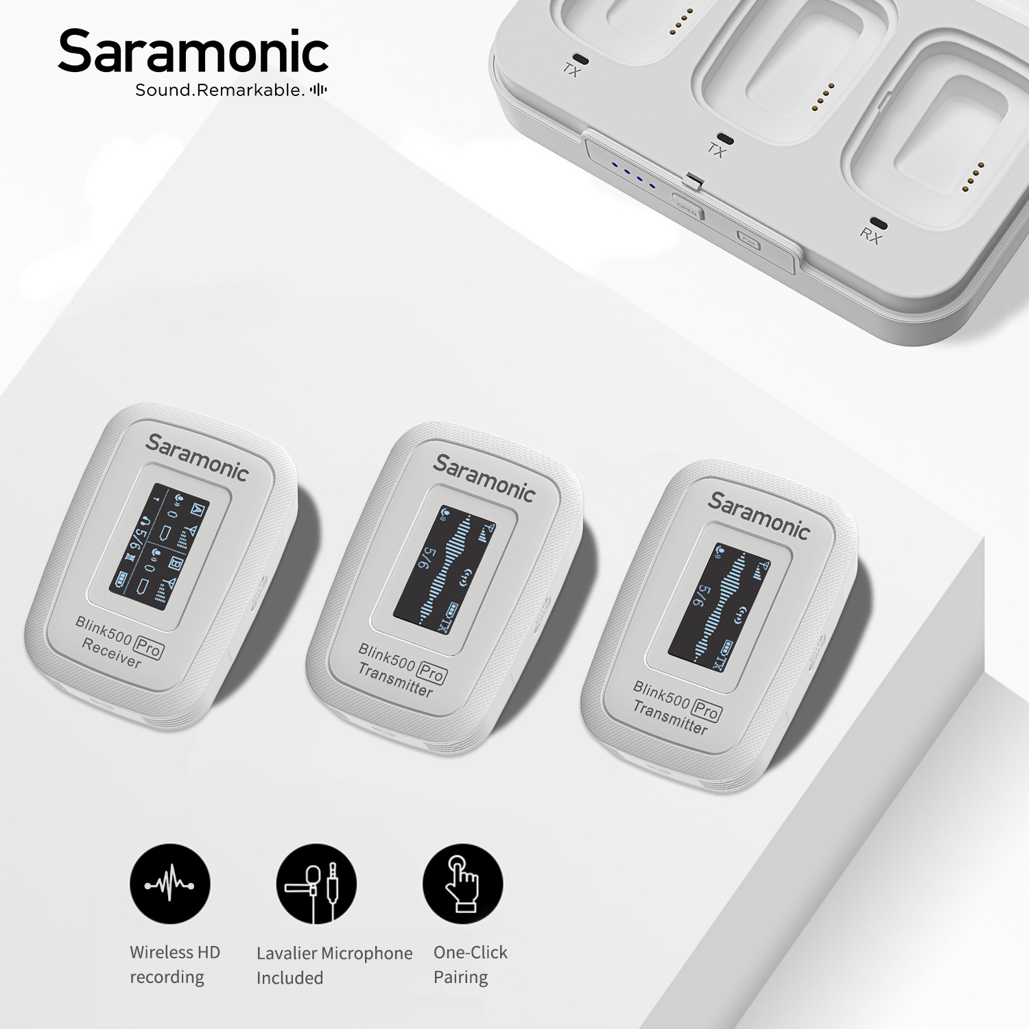 Micrô Lavalier Không Dây Hai Kênh Saramonic Blink500 Pro B2W Ultracompact 2.4GHz, 2 Máy Phát Với 1 Máy Thu Cho Máy Ảnh DSLR Không Gương Lật Máy Ảnh Canon Nikon Điện Thoại Android IOS Vlog (Trắng)