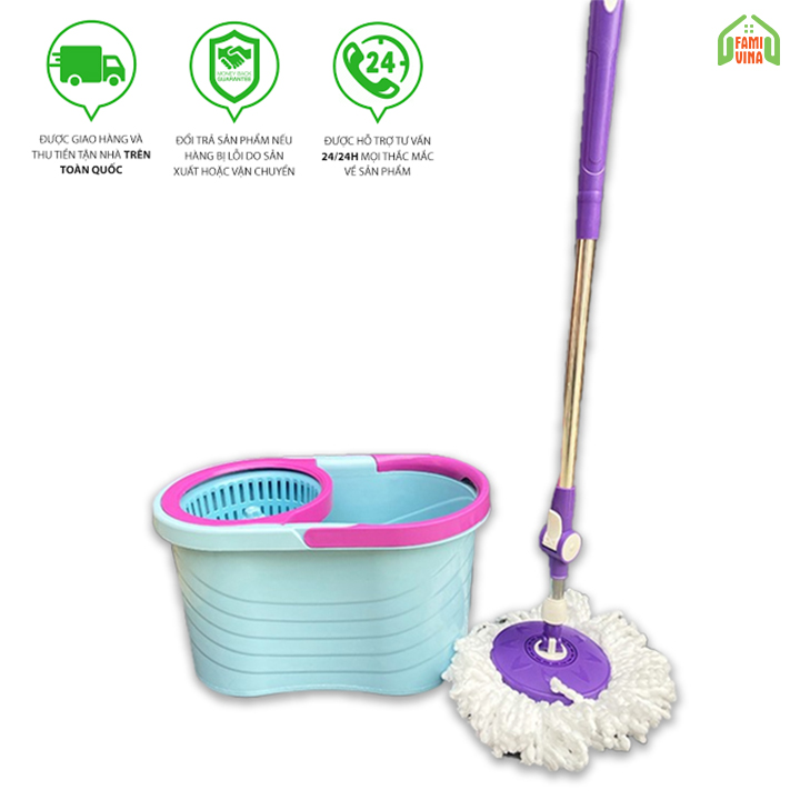 Bộ cây lau nhà 360 tự vắt thông minh, lồng nhựa xoay rất nhẹ vắt khô sạch, cây lau inox bông sợi Microfiber bám thấm hút tốt hh279 - Famina shop
