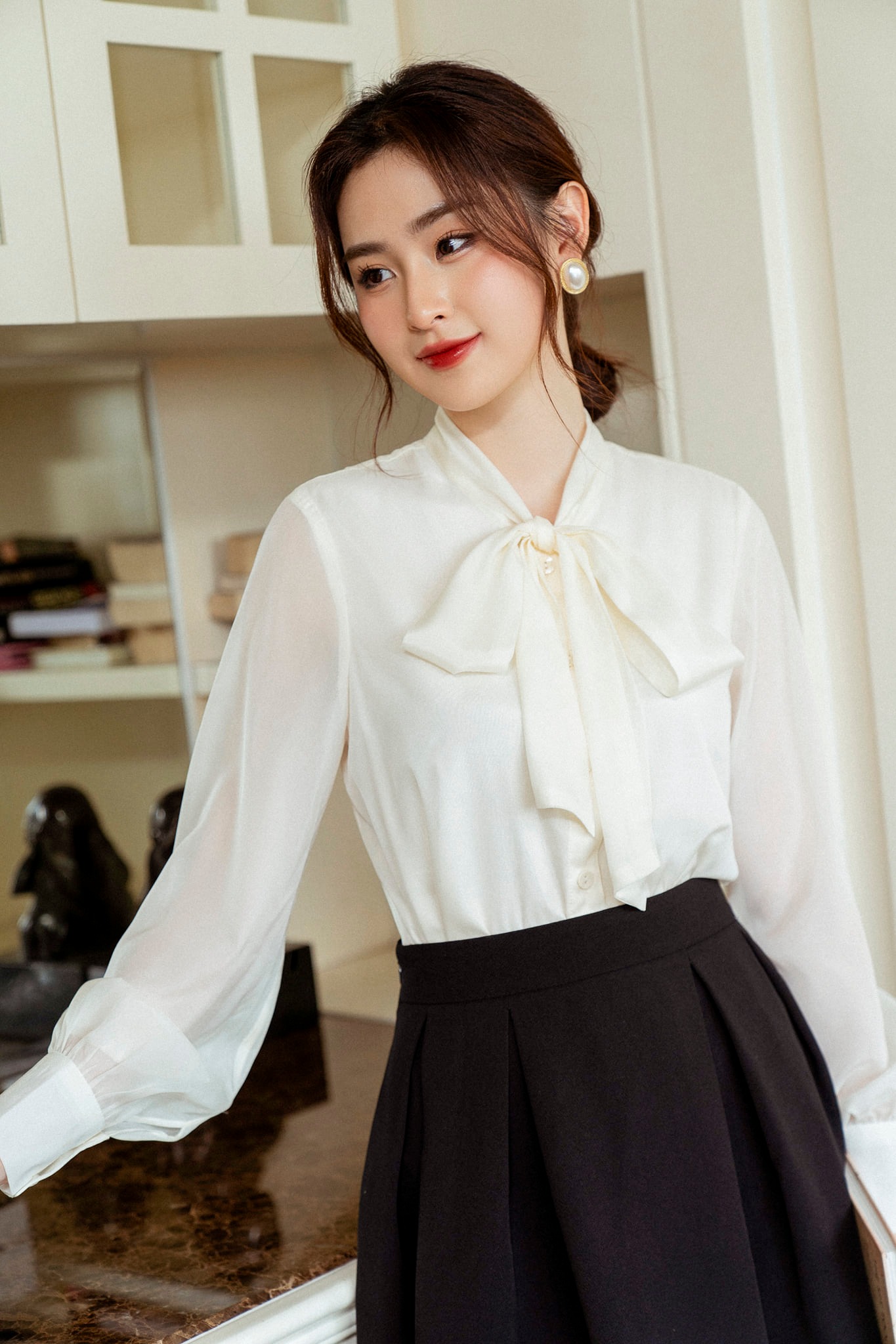 Áo sơmi tơ cổ thắt nơ tay măng sec tiinstore ahd408