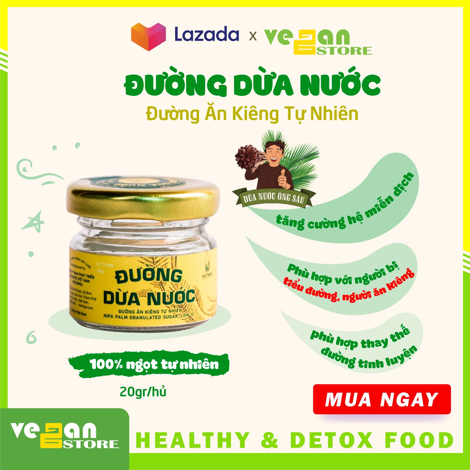 Đường dừa nước tự nhiên Vietnipa hũ 20gr hỗ trợ cân bằng chỉ số đường huyết thấp giảm cân bổ sung muối khoáng Dừa Nước Ông Sáu VeGan Store