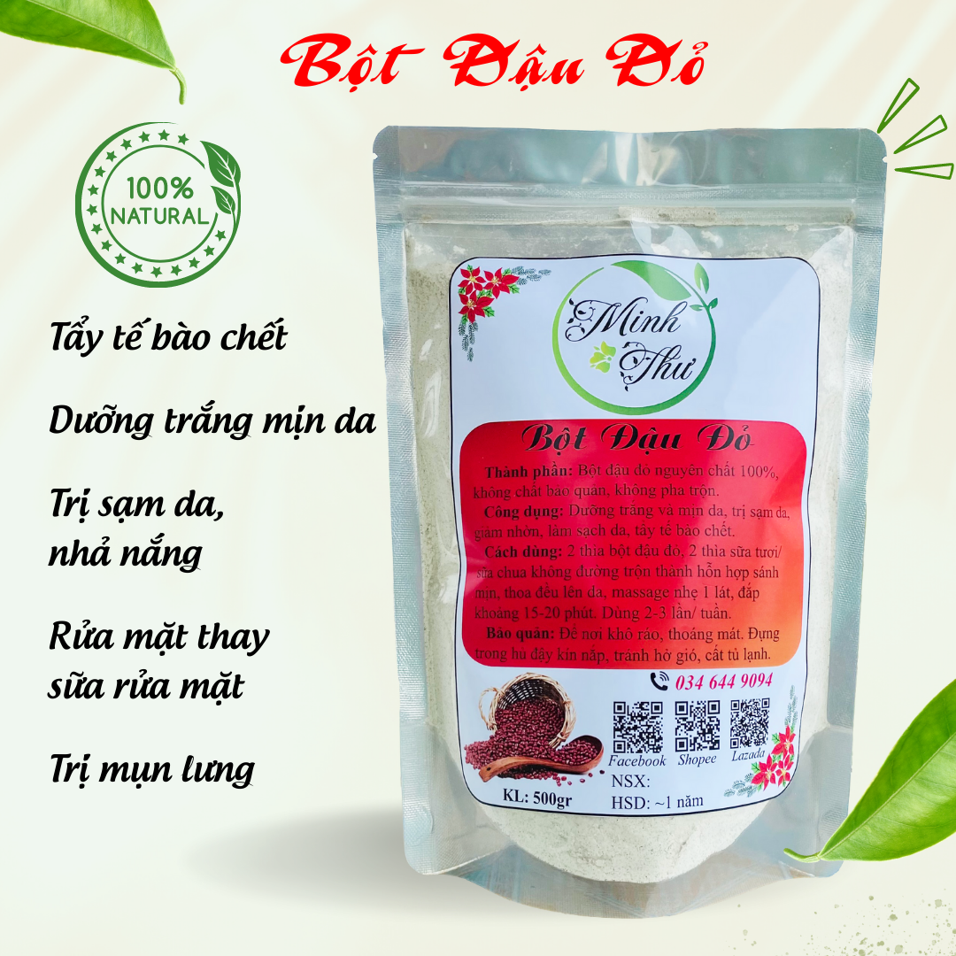 Bột đậu đỏ Minh Thư, đậu đỏ nguyên chất, bột đậu đỏ đắp mặt, tẩy tế bào chết 100% thiên nhiên, túi 500gr