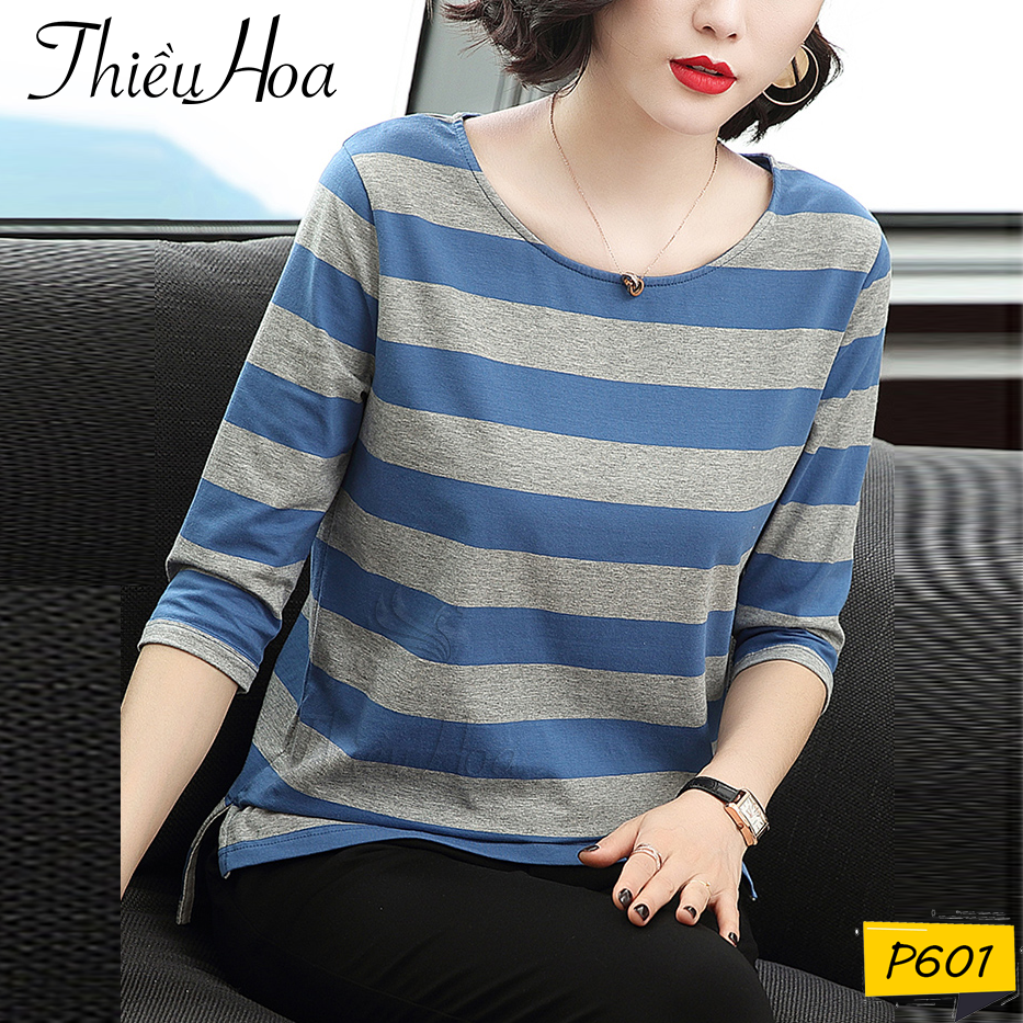 Áo thun trung niên tay dài sọc ngang lớn nhiều màu Thiều Hoa P601